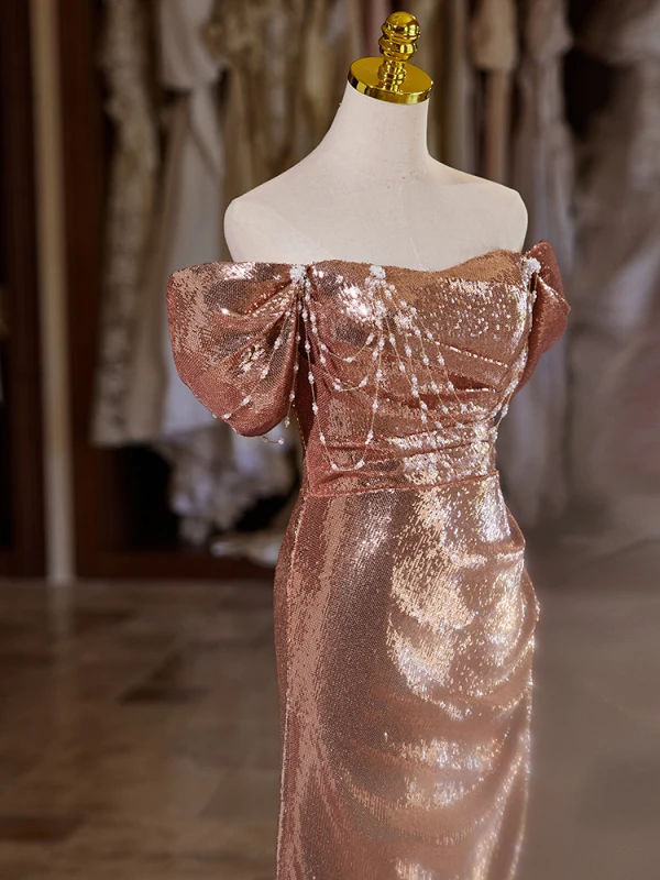 Sexy Scintillantes Or Rose Paillettes Perlage Perle Robe De Soirée 2024 Trompette / Sirène De l'épaule Manches Courtes Dos Nu Fendue devant Longue Robe De Ceremonie