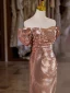Sexy Scintillantes Or Rose Paillettes Perlage Perle Robe De Soirée 2024 Trompette / Sirène De l'épaule Manches Courtes Dos Nu Fendue devant Longue Robe De Ceremonie