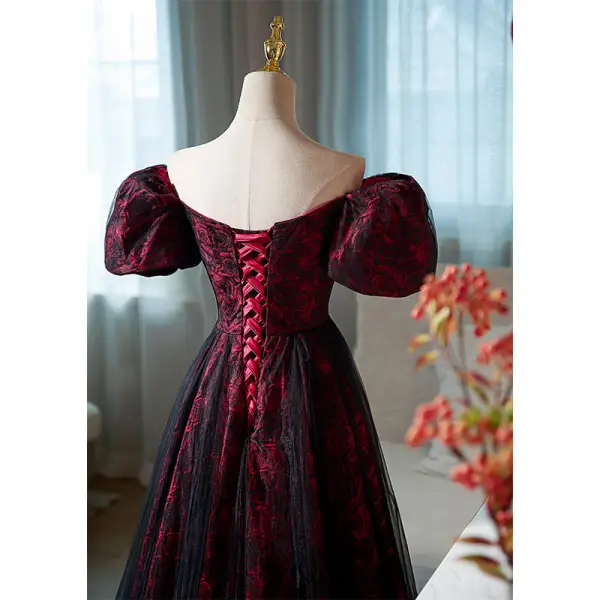 Elegant Burgundy Printing Prom Dresses 2022 A-Line / Princess Off-The-Shoulder Puffy Short Sleeve Backless Floor-Length / Long Prom Formal Dresses