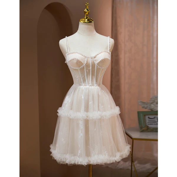 Sexy Nude Pearl Pierced Evening Party Party Dresses 2022 A-Line / Princess Spaghetti Straps Sleeveless Backless Short Party Dresses