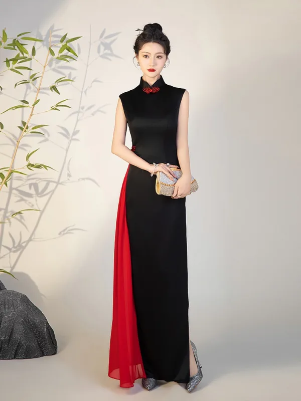 Chinese style Black Split Front Evening Party Cheongsam 2025 Trumpet / Mermaid High Neck Sleeveless Floor-Length / Long Cheongsam / Qipao