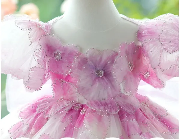 Chic / Beautiful Blushing Pink Appliques Beading Short Birthday Flower Girl Dresses 2024 Ball Gown Scoop Neck Puffy Short Sleeve Backless Tulle