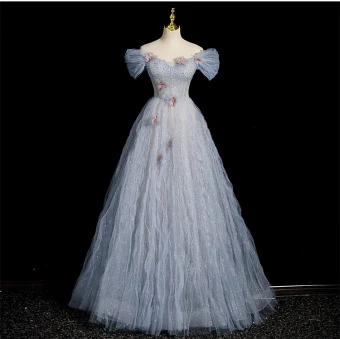 Bling Bling Bleu Ciel Perlage Paillettes Volants Robe De Bal 2023 Princesse De L Épaule Manches Courtes Dos Nu Longue Promo Robe De Ceremonie