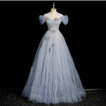 Bling Bling Sky Blue Beading Sequins Ruffle Prom Dresses 2023 A Line Princess Off The Shoulder Short Sleeve Backless Floor Length Long Prom Formal Dresses