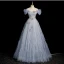 Bling Bling Sky Blue Beading Sequins Ruffle Prom Dresses 2023 A-Line / Princess Off-The-Shoulder Short Sleeve Backless Floor-Length / Long Prom Formal Dresses