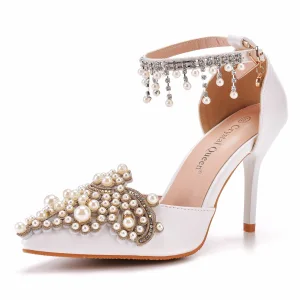 Uroczy Perła Białe Rhinestone Buty Ślubne 2022 Z Paskiem 9 Cm Szpilki Szpiczaste Ślub Wysokie Obcasy