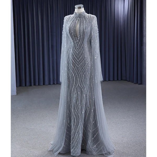 High-end Grey Handmade  Beading Sequins Evening Dresses 2023 Trumpet / Mermaid High Neck Long Sleeve Floor-Length / Long Evening Party Formal Dresses