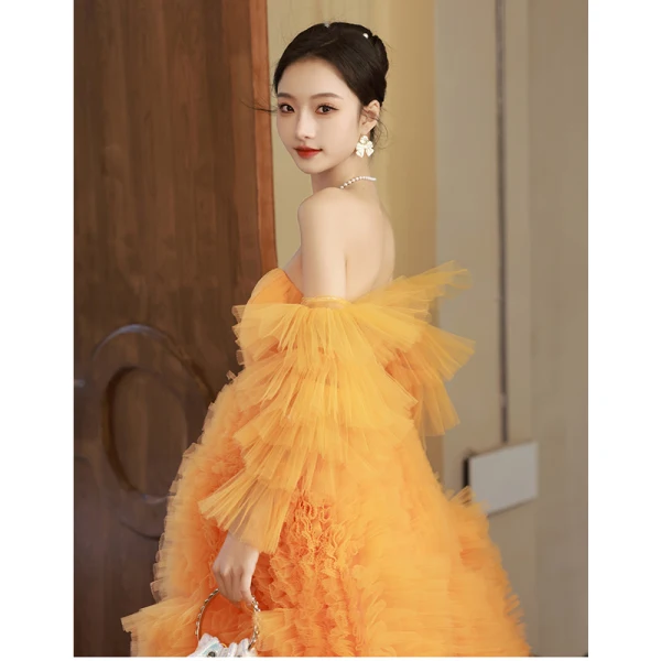 Charming Orange Pleated Evening Dresses 2023 A-Line / Princess Off-The-Shoulder Short Sleeve Backless Sweep Train Evening Party Formal Dresses