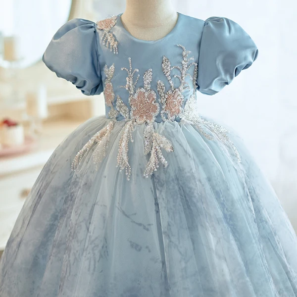 Chic / Beautiful Sky Blue Beading Sequins Short Birthday Flower Girl Dresses 2023 Ball Gown Scoop Neck Puffy Short Sleeve Backless Tulle