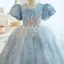 Chic / Beautiful Sky Blue Beading Sequins Short Birthday Flower Girl Dresses 2023 Ball Gown Scoop Neck Puffy Short Sleeve Backless Tulle