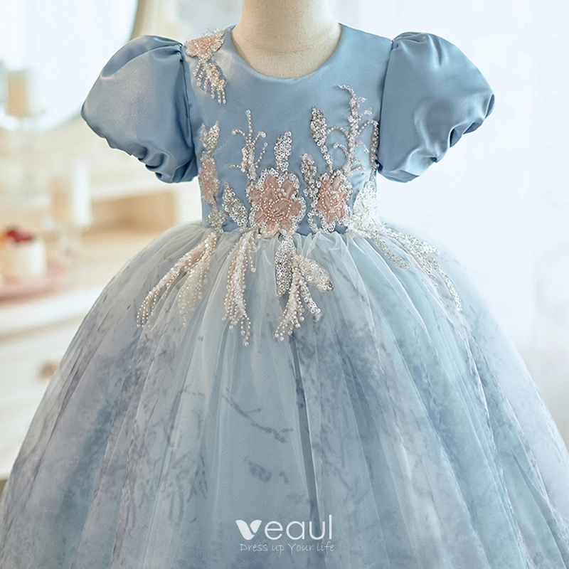 Chic Beautiful Sky Blue Beading Sequins Short Birthday Flower Girl Dresses  2023 Ball Gown Scoop Neck Puffy Short Sleeve Backless Tulle