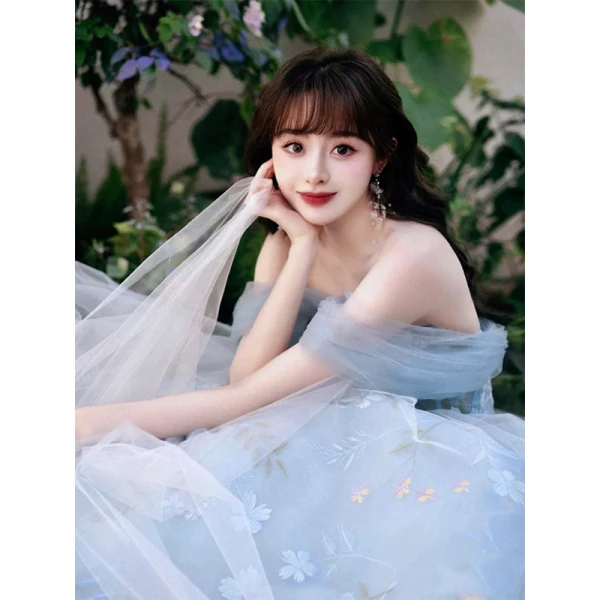 Flower Fairy Sky Blue Appliques Organza Prom Dresses 2023 A-Line / Princess Off-The-Shoulder Sleeveless Backless Floor-Length / Long Prom Formal Dresses