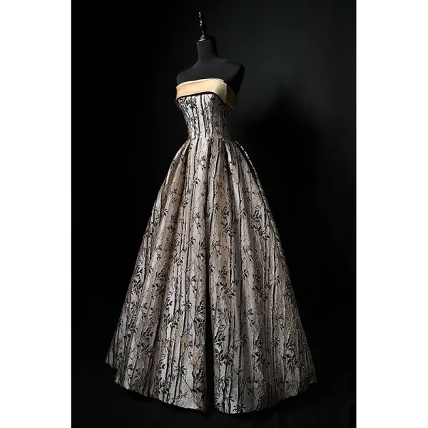 Charming Champagne Gold Printing Prom Dresses 2024 A-Line / Princess Strapless Sleeveless Backless Floor-Length / Long Prom Formal Dresses