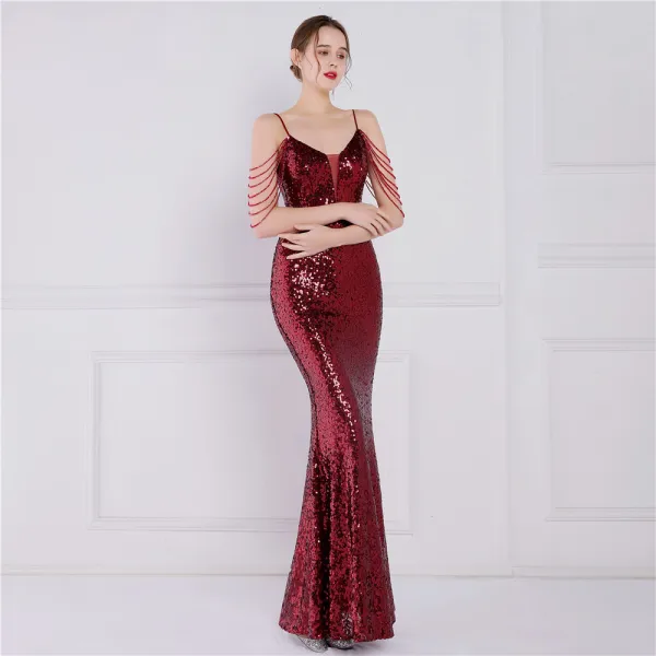 Scintillantes Blanche Laser Paillettes Robe De Soirée 2022 Trompette / Sirène Bretelles Spaghetti Sans Manches Dos Nu Perlage Longue Soirée Robe De Ceremonie