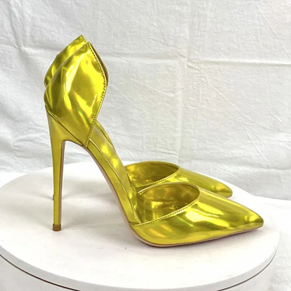 Hermoso Oro Fiesta Láser Zapatos De Mujer 2023 Charol 12 cm Stilettos / Tacones De Aguja Punta Estrecha Zapatos De Mujer High Heels