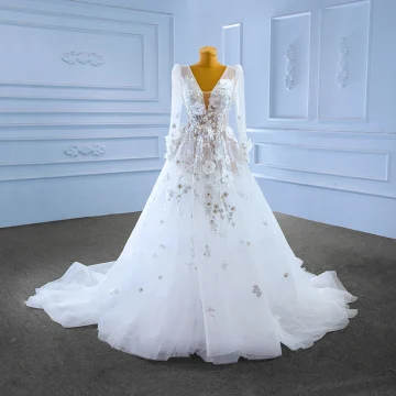 Luxe Blanche Faux Diamant En Dentelle Fleur Appliques 2023 Princesse V Cou Manches Longues Robe De Mariée Tribunal Train Mariage