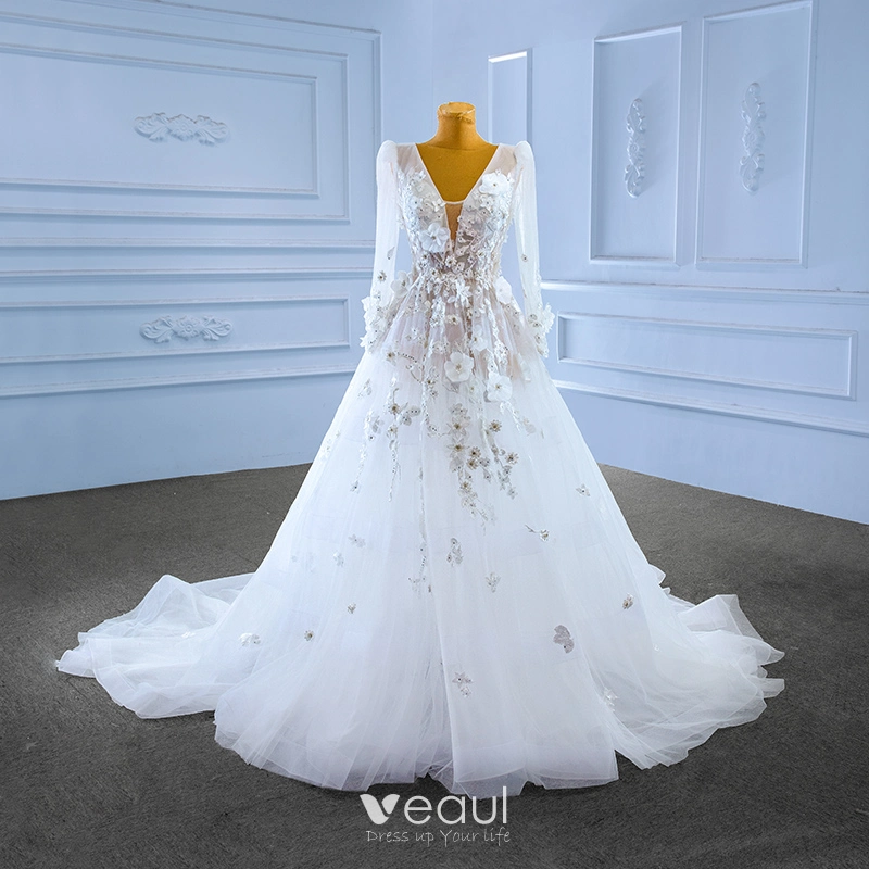 Flower Appliques Princess V Neck A Line Wedding Dress