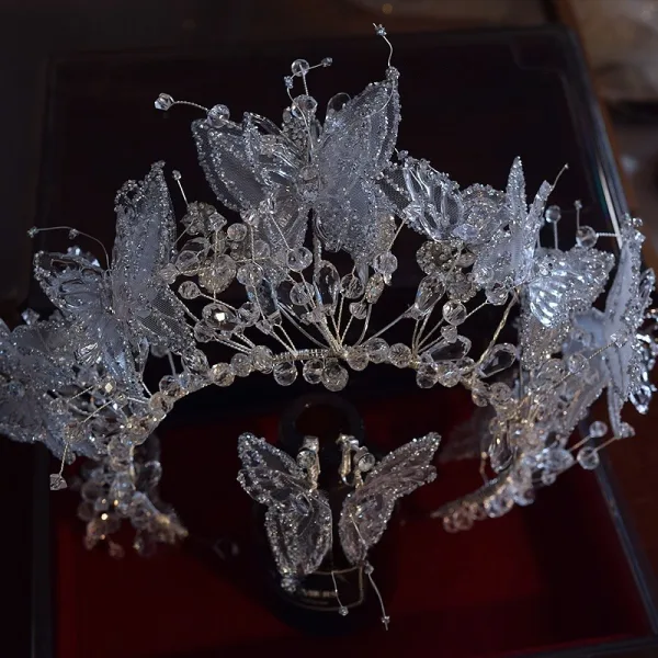 Charming Silver Handmade Crystal Butterfly Wedding Earrings Tiara Bridal Hair Accessories 2025