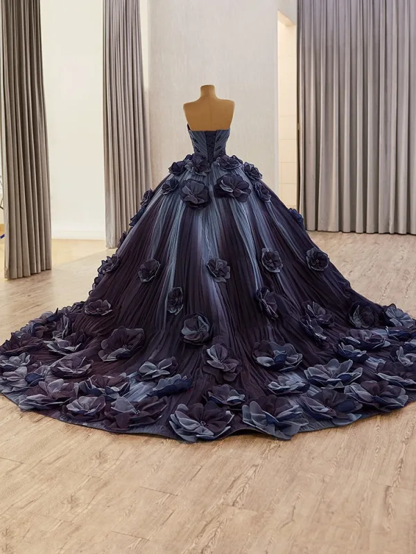 Luxury / Gorgeous High-end Navy Blue Beading Pearl Sequins Appliques Prom Dresses 2025 Ball Gown Sleeveless Backless Strapless Chapel Train Prom