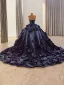 Luxury / Gorgeous High-end Navy Blue Beading Pearl Sequins Appliques Prom Dresses 2025 Ball Gown Sleeveless Backless Strapless Chapel Train Prom