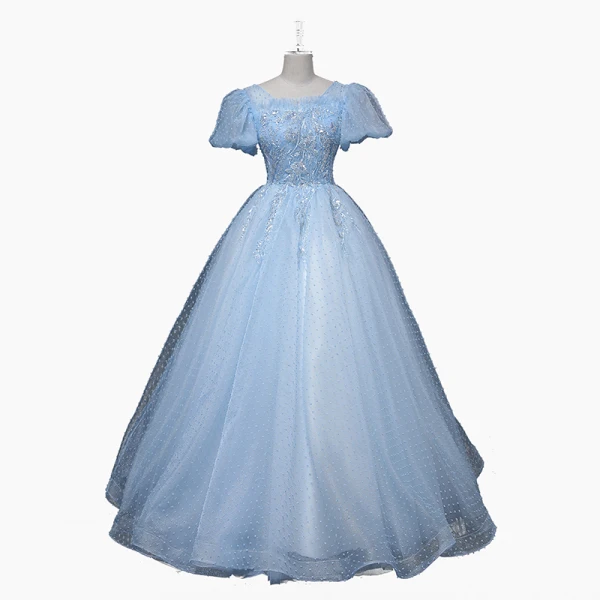 Chic / Beautiful Sky Blue Beading Pearl Sequins Lace Flower Prom Dresses 2023 Ball Gown Scoop Neck Short Sleeve Backless Floor-Length / Long Prom Formal Dresses