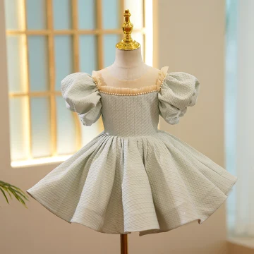 Audrey Hepburn Style Sage Green Short Prom Flower Girl Dresses 2022 Ball Gown Scoop Neck Puffy Short Sleeve Pearl Flower Girl Dresses