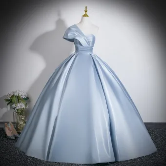 Chic Belle Bleu Ciel Robe De Bal 2026 Robe Boule Une Épaule Manches Courtes Dos Nu Longue Robe De Ceremonie