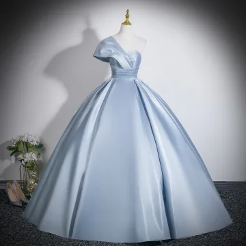 Chic Belle Bleu Ciel Robe De Bal 2026 Robe Boule Une Épaule Manches Courtes Dos Nu Longue Robe De Ceremonie