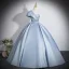 Chic / Beautiful Sky Blue Prom Dresses 2026 Ball Gown One-Shoulder Short Sleeve Backless Floor-Length / Long Formal Dresses