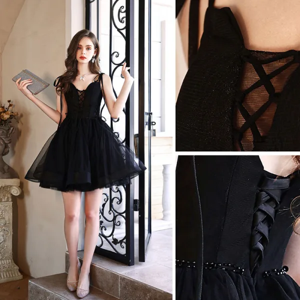 Sexy Black Party Dresses 2022 A-Line / Princess Spaghetti Straps Sleeveless Backless Bow Floor-Length / Long Cocktail Party Evening Party Formal Dresses