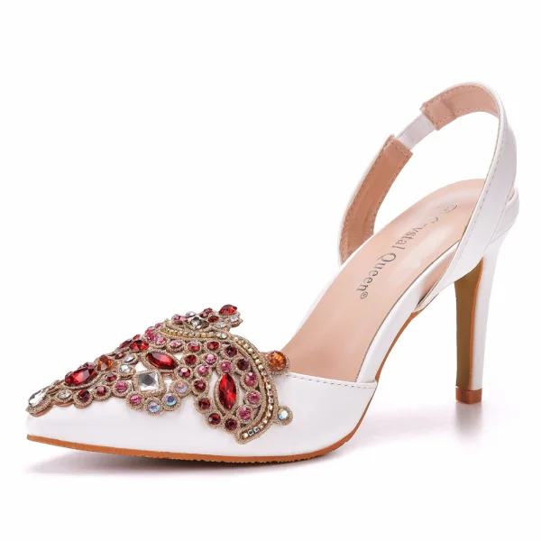 Chic / Beautiful White Rhinestone Wedding Shoes 2023 9 cm Stiletto Heels Pointed Toe Wedding Sandals High Heels