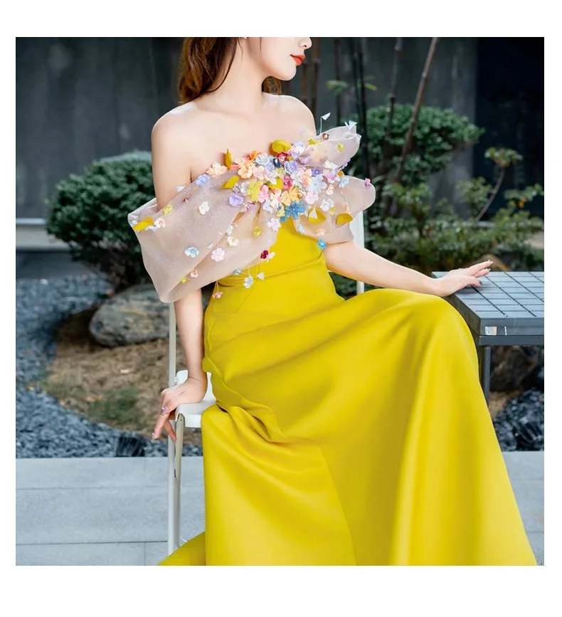 open lace back dress Yellow Tiered Ruffle Prom Dresses Strapless Mermaid Satin Bodice 24139 Custom Colors / US16