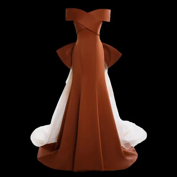 Chic / Belle Marron Organza Satin Robe De Bal 2023 Trompette / Sirène De l'épaule Sans Manches Dos Nu Noeud Train De Balayage Promo Robe De Ceremonie