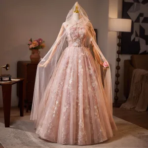 Fabuleux Rougissant Rose Perlage Perle Paillettes Appliques Robe De Bal 2025 Robe Boule Bustier Manteau Sans Manches Dos Nu Longue Tulle Promo