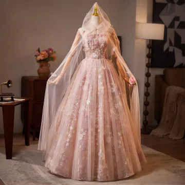 Fabulous Blushing Pink Beading Pearl Sequins Appliques Prom Dresses 2025 Ball Gown Strapless Cloak Sleeveless Backless Floor Length Long Tulle Prom