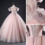Chic / Beautiful Blushing Pink Appliques Prom Dresses 2023 Ball Gown Pearl Strapless Sleeveless Backless Floor-Length / Long Prom Formal Dresses
