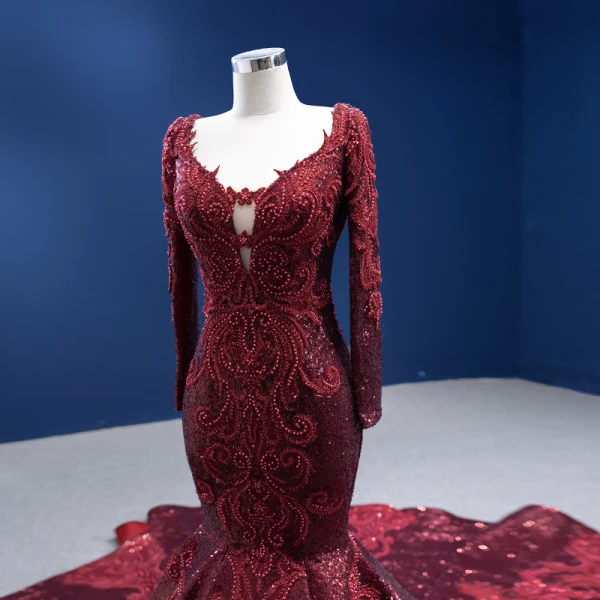 Luxury / Gorgeous High-end Burgundy Evening Dresses 2022 Trumpet / Mermaid Scoop Neck Beading Pearl Rhinestone Sequins Long Sleeve Royal Train Evening Party Formal Dresses