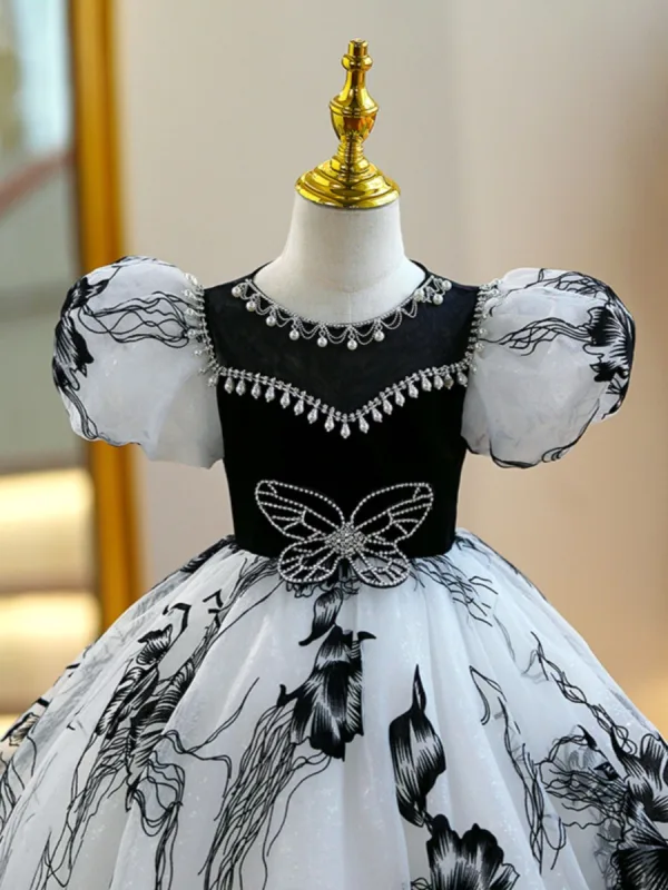 Chic / Beautiful Black Pearl Rhinestone Birthday Flower Girl Dresses 2023 Ball Gown Scoop Neck Puffy Short Sleeve Floor-Length / Long