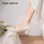 Modest / Simple White Pearl Lace Flower Bow Wedding Shoes 2024 4 cm Block Heels Pointed Toe Wedding Pumps High Heels