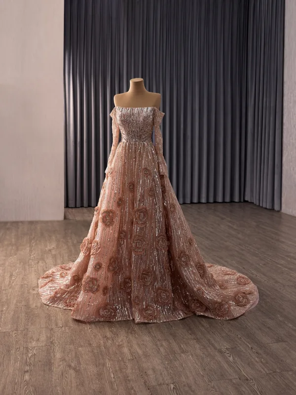 Luxus / Herrlich Glitzernden Rosa Handgefertigt Perlenstickerei Applikationen Pailletten Abendkleider 2026 A Linie Off Shoulder Lange Ärmel Rückenfreies Sweep / Pinsel Zug Abend