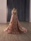 Luxus / Herrlich Glitzernden Rosa Handgefertigt Perlenstickerei Applikationen Pailletten Abendkleider 2026 A Linie Off Shoulder Lange Ärmel Rückenfreies Sweep / Pinsel Zug Abend