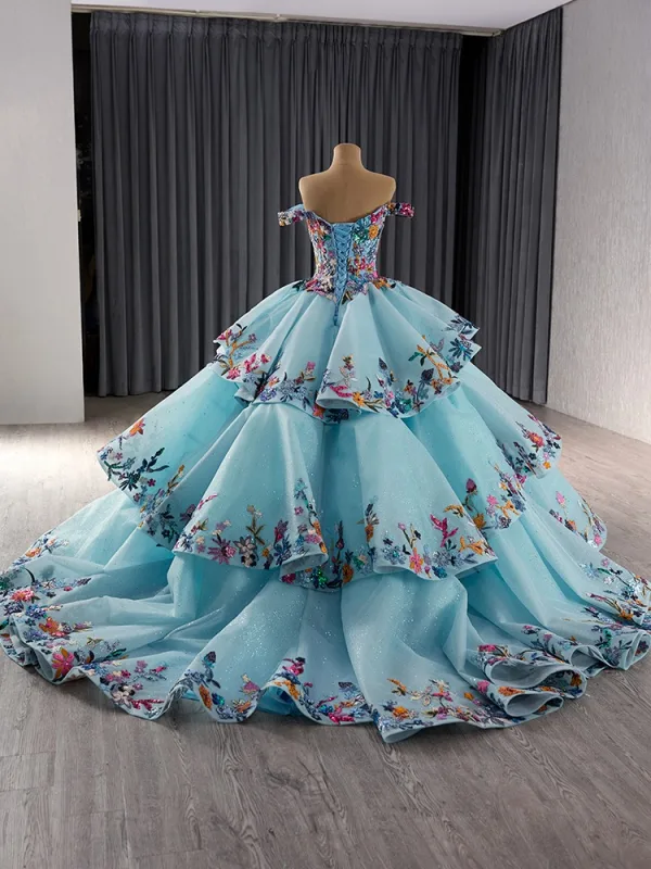 Fancy High-end Pool Blue Beading Cascading Ruffles Handmade  Sequins Lace Flower Prom Dresses 2024 Ball Gown Off-The-Shoulder Sleeveless Backless