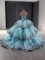 Fancy High-end Pool Blue Beading Cascading Ruffles Handmade  Sequins Lace Flower Prom Dresses 2024 Ball Gown Off-The-Shoulder Sleeveless Backless