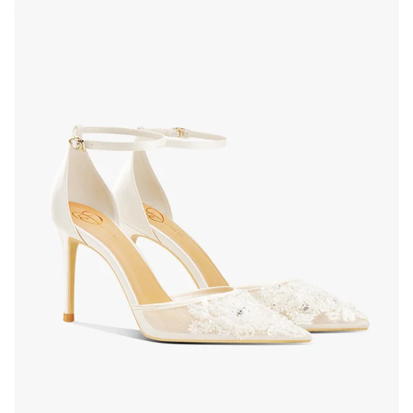 Charmig Elfenben Sommar Spets Blomma Brudskor 2022 Ankelband 8 cm Stilettklackar Peep Toe Bröllop Sandaler Högklackade
