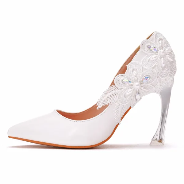 Blanche Élégant Faux Diamant En Dentelle Fleur Chaussure De Mariée 2022 9 cm Talons Aiguilles À Bout Pointu Mariage Escarpins Talons Hauts