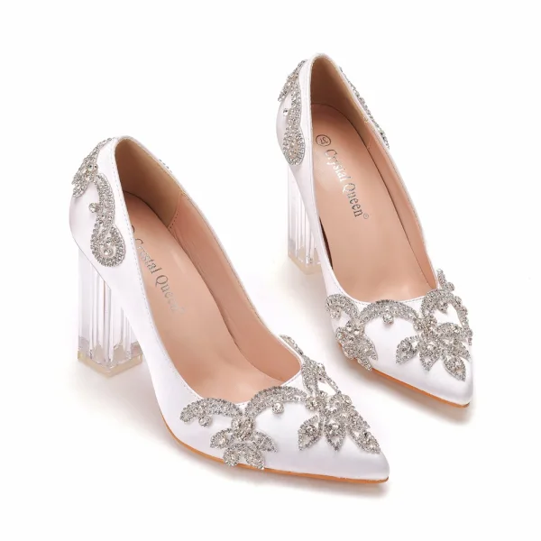 Mode Weiß Strass Kristall Pumps 2023 9 cm Thick Heels Spitzschuh Hochzeit Sandaletten Hochhackige