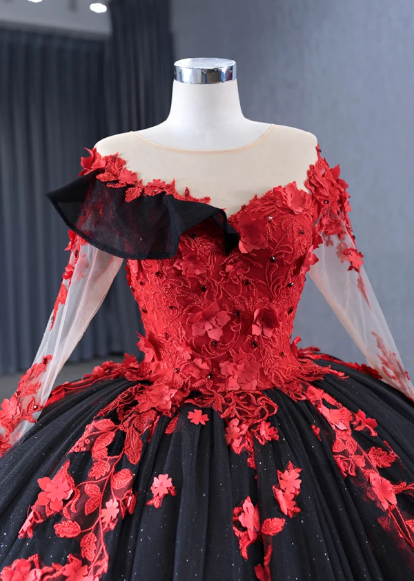 Haut de Gamme Noire En Dentelle Fleur Perlage Paillettes Appliques Tribunal Train Robe De Bal 2024 Robe Boule Encolure Dégagée Manches Longues Promo Robe De Ceremonie