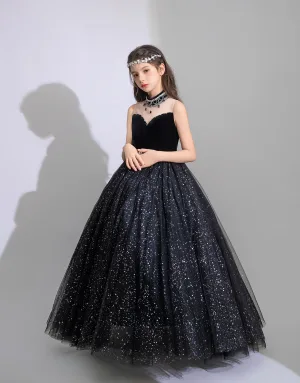 Bling Bling Noire Faux Diamant Paillettes Anniversaire Robe Ceremonie Fille Robe Boule 2025 Encolure Dégagée Sans Manches Dos Nu Longue