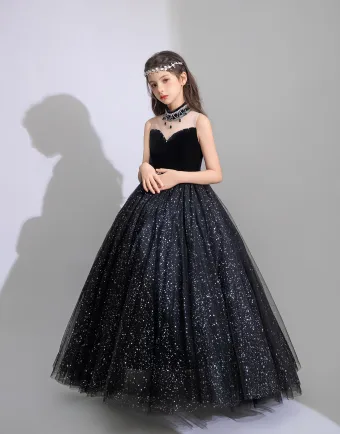 Bling Bling Noire Faux Diamant Paillettes Anniversaire Robe Ceremonie Fille Robe Boule 2025 Encolure Dégagée Sans Manches Dos Nu Longue