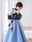 Mode Bleu Robe De Bal 2022 Princesse Volants De l'épaule Manches Courtes Dos Nu Noeud Longue Promo Robe De Ceremonie
